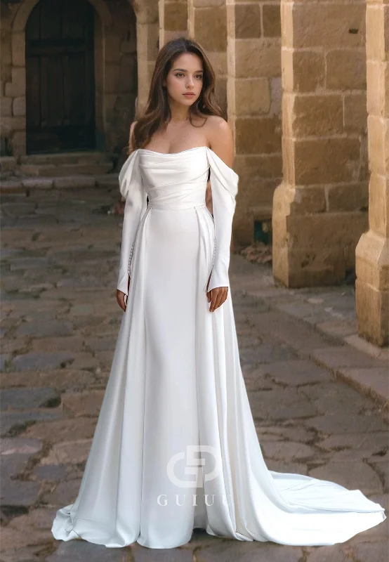 GW628 - Sexy & Hot Sheath Off Shoulder Long SleevesDraped Wedding Dress with Overlay