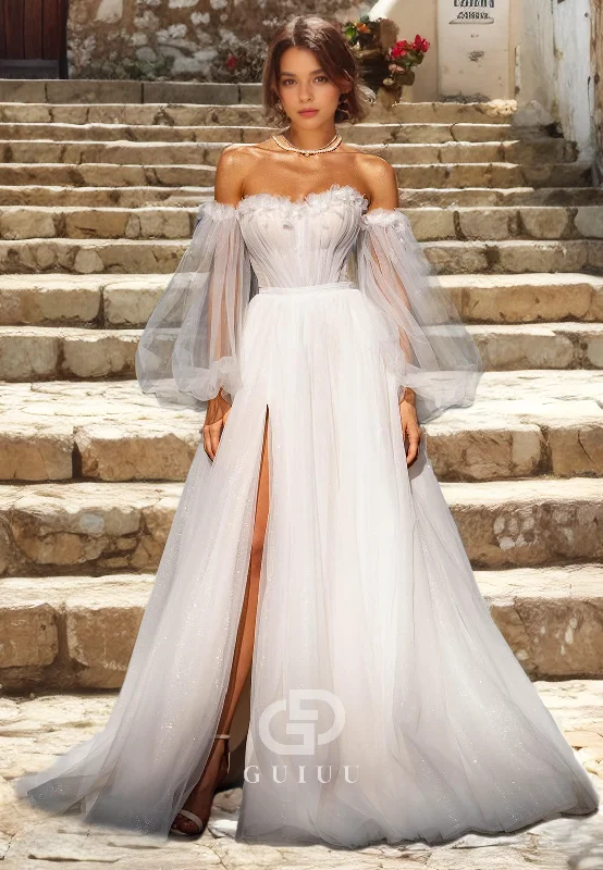 A-Line Off Shoulder Long Sleeves Tulle Wedding Dress with High Side Slit and Train