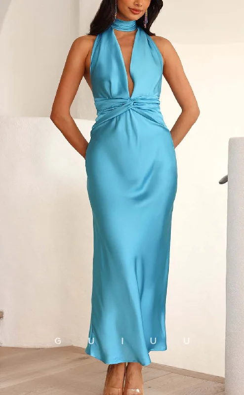 G3266 - Simple V-Neck Halter Pleats Blue Long Party Prom Evening Dresses