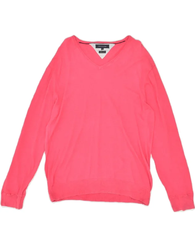 TOMMY HILFIGER Womens V-Neck Jumper Sweater UK 18 XL Pink Cotton