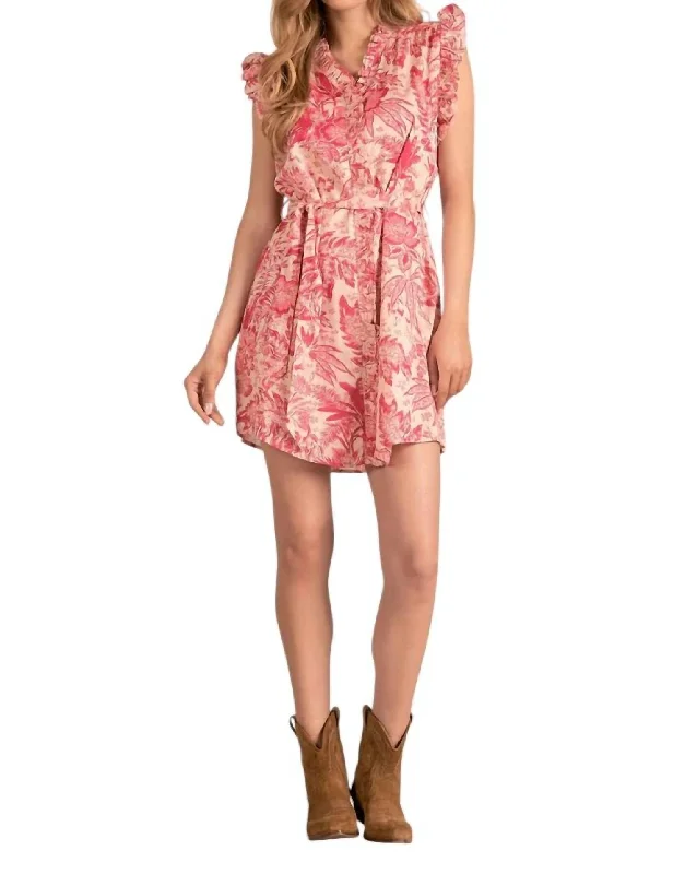 Ruffle Sleeve Dress In Pink Leafy Floral