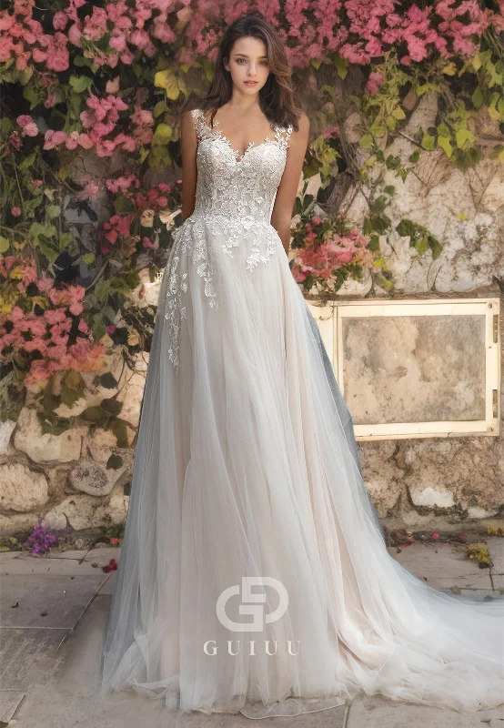 Beaded Ruched Long Wedding Dress Tulle V-Neck Open Back with  Straps and Lace Appliques