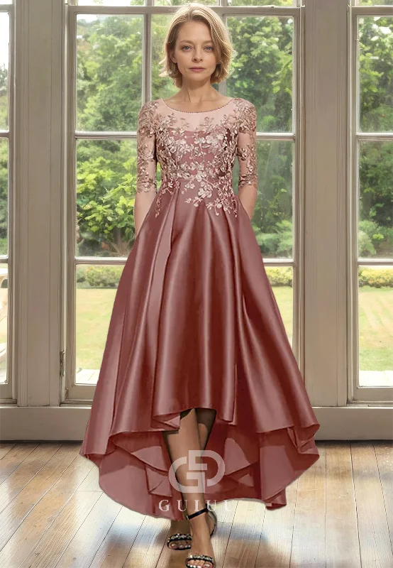 A Line Scoop Lace Appliques Half Sleeves Mother of the Bride Dress