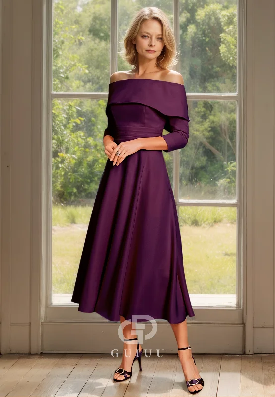 A Line Off Shoulder 3/4 Sleeves Elegant Mother of the Bride Dress