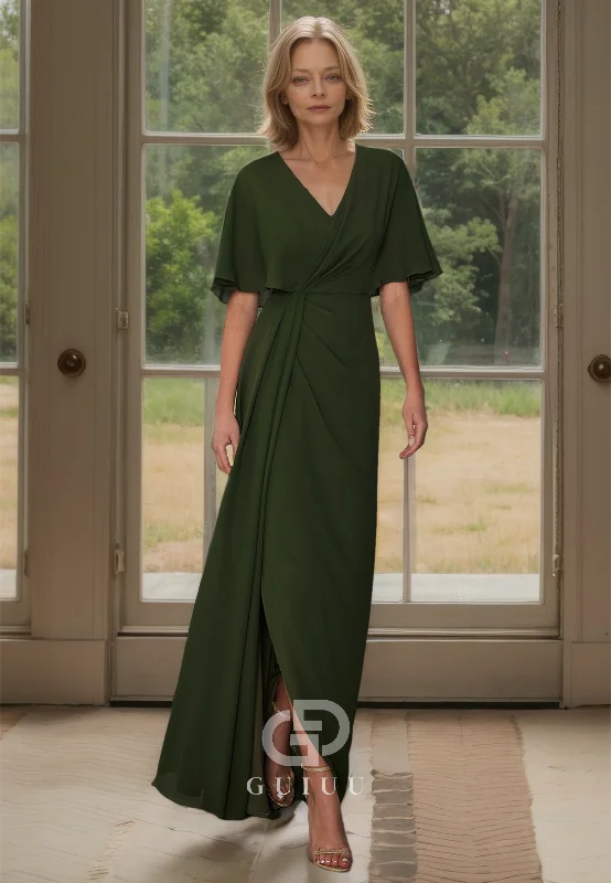 Simple V-Neck Pleated Low Side Slit Mother of Bride Dress with Short Sleeves