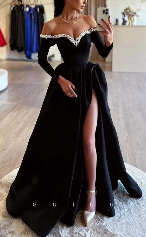 G3173 - A-Line Beaded Off-Shoulder Long Sleeves Formal Prom Dresses