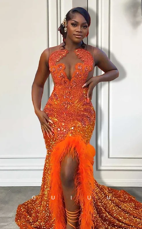 G4581 - Sexy & Hot Mermaid V Neck Sleeveless Orange Fully Sequined Feather Slit and Court Train Prom Party Dress for Black Girl Slay