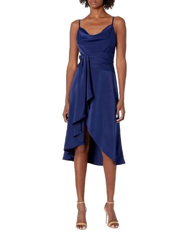 High Low Cowl Neck Mid Dress In Navy