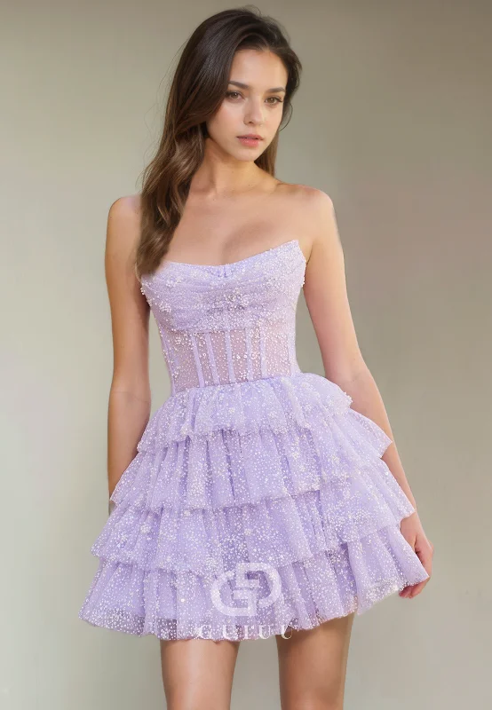 A-Line Boat Neck Sleeveless Tulle Tiered Back Zipper Homecoming Dress