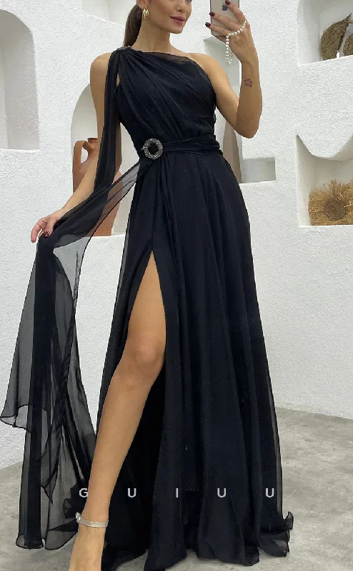 G3494 - Chic & Modern A-Line One Shoulder Sash Draped High Side Slit Floor-Length Ballgown Prom Dress