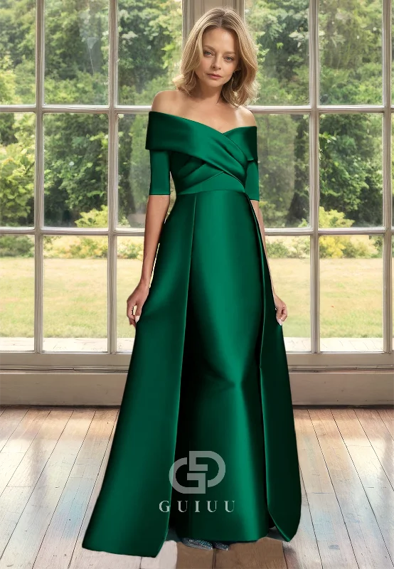 A Line Off Shoulder Half Sleeves Green Satin Mother of the Bride Dress