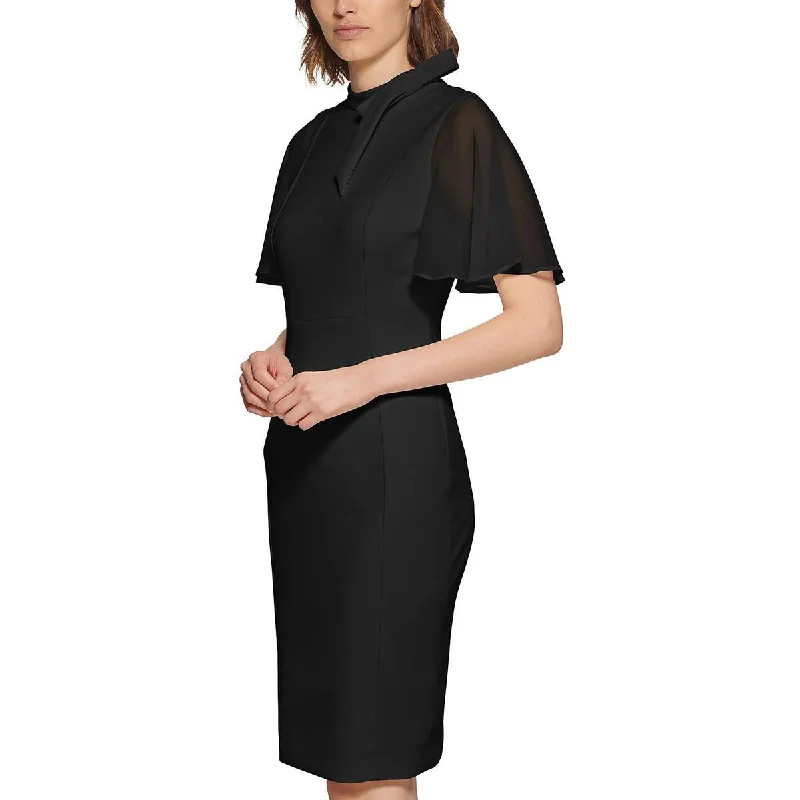 Womens Flutter Sleeves Tie Neck Sheath Dress