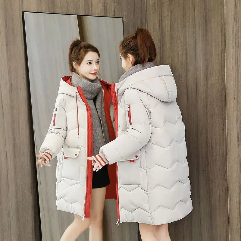 Women Winter Coat Mid-length Cotton Padded Parkas Hooded Warm Thicken