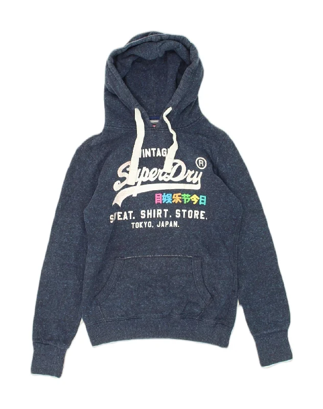 SUPERDRY Womens Premium Graphic Hoodie Jumper UK 6 XS Navy Blue Flecked