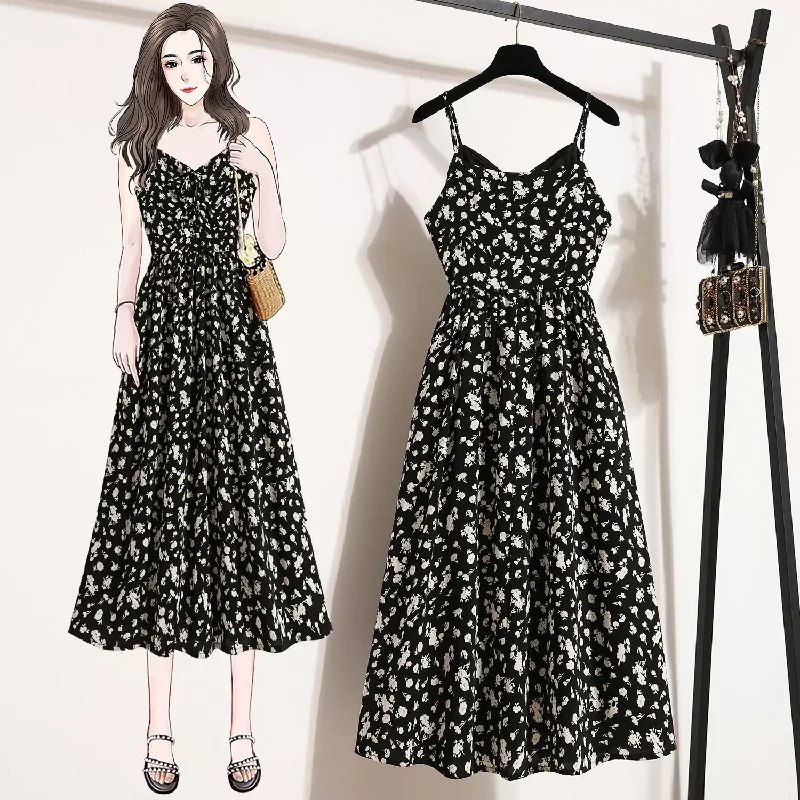 Plus Size Korean Black Ditsy Floral Cami Dress