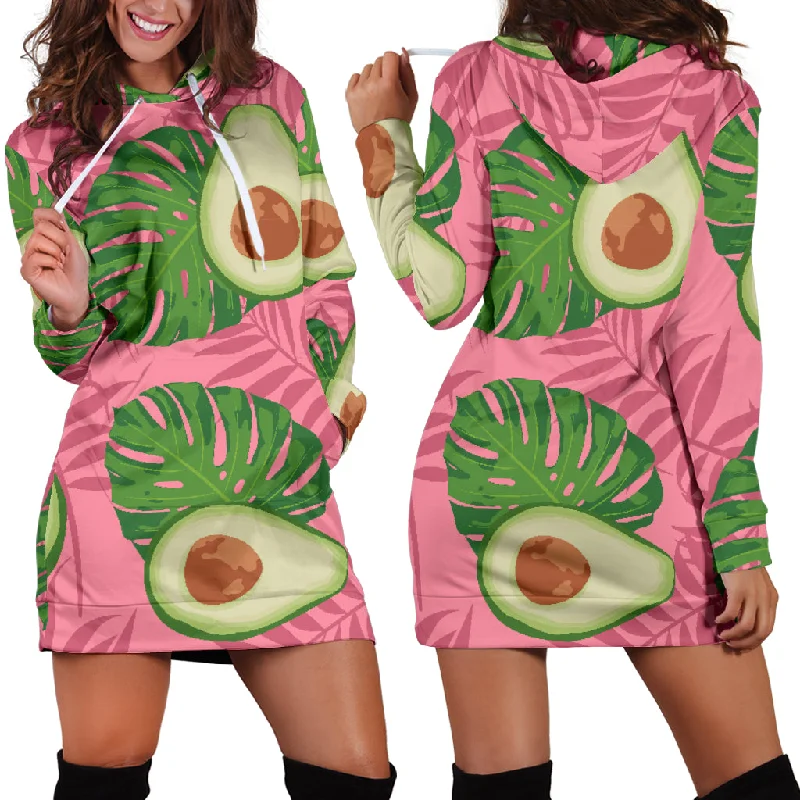 Avocado Slices Leaves Pink Back Ground Women'S Hoodie Dress