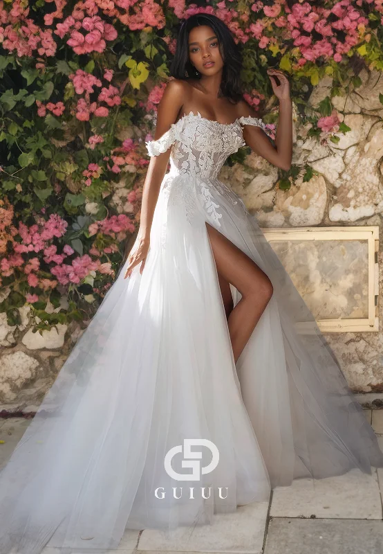 GW624 - Chic & Modern A-line Off Shoulder Floral Appliques Floor-Length Wedding Dress with High Side Slit