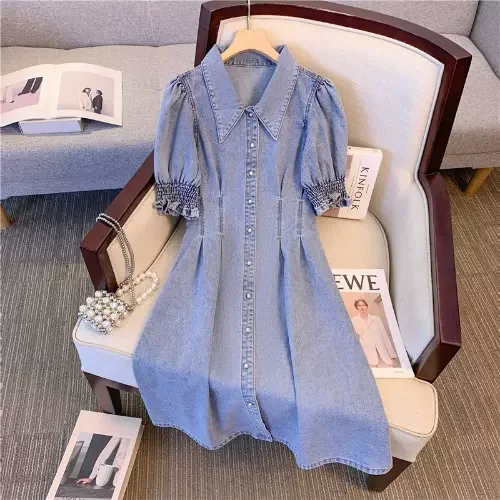 Plus Size Korean Denim Puff Sleeve Shirt Dress