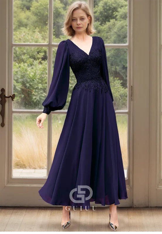 A Line V Neck Chiffon Appliques Long Sleeves Mother of the Bride Dress