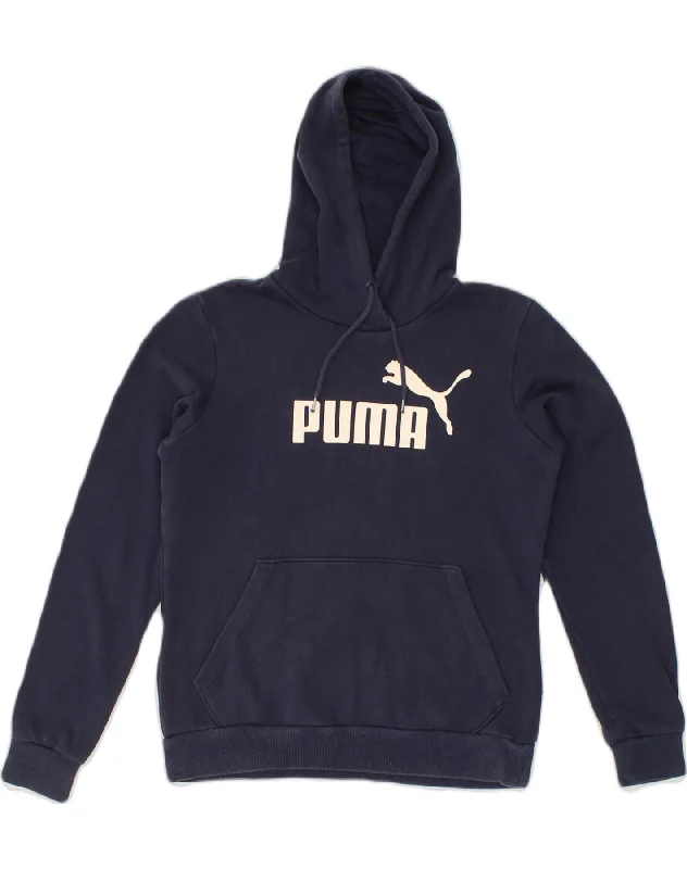 PUMA Womens Graphic Hoodie Jumper UK 12 Medium Navy Blue Cotton