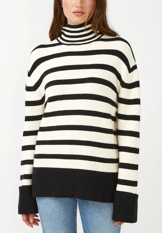 Drew Women's Funnel Neck Sweater in Black & White Stripe - SW0020F