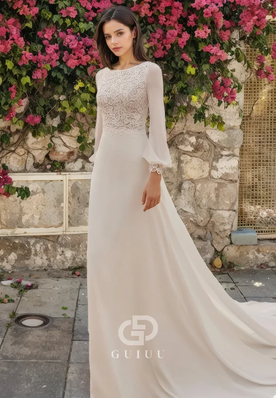 GW558 - Simple & Classic Sheath Round Long Sleeves Appliques Cut-Outs Floor-Length Wedding Dress With Sweep Train