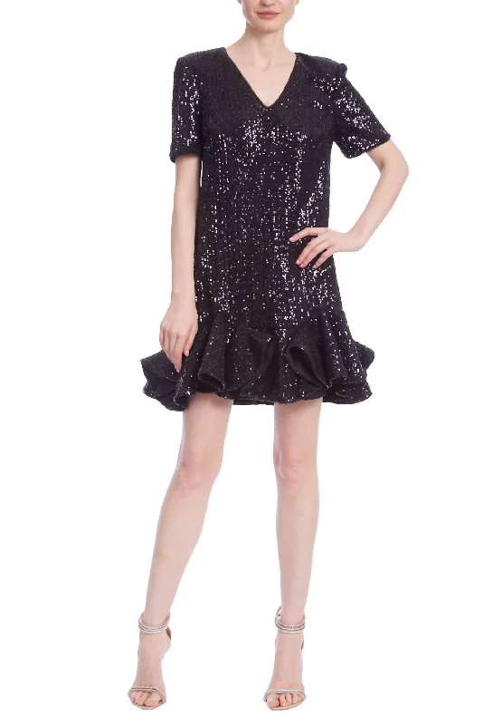 Short Sleeve Sequin Shift Dress With Flounce Hem In Black Puffer