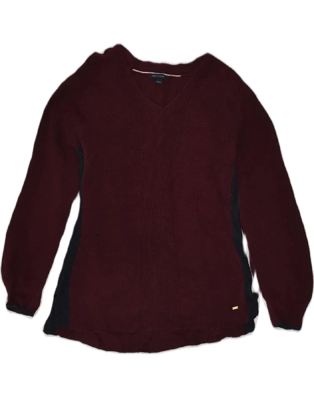 TOMMY HILFIGER Womens V-Neck Jumper Sweater UK 14 Large Maroon Cotton