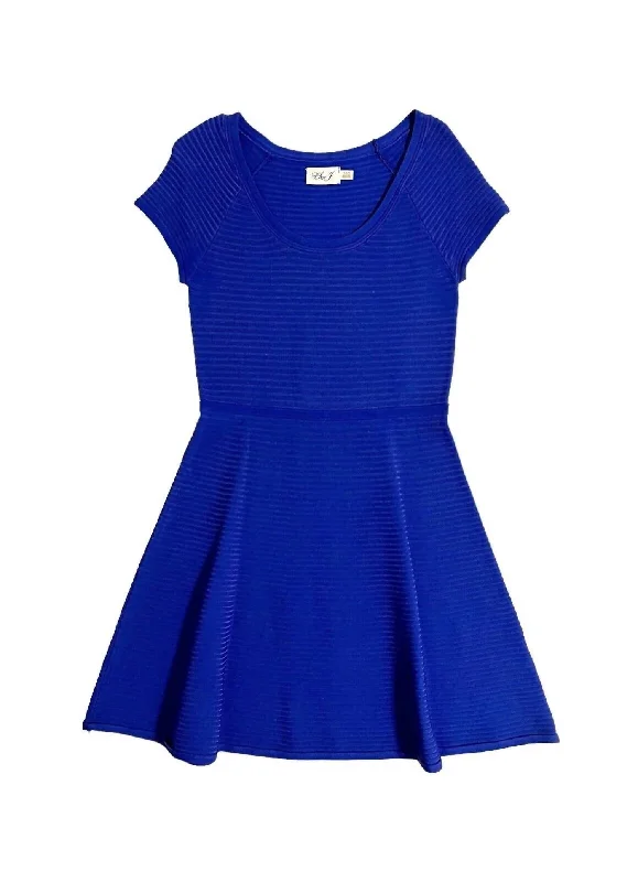 Women's Knit Fit & Flare Striped Knit Cap Sleeve Mini Dress In Blue