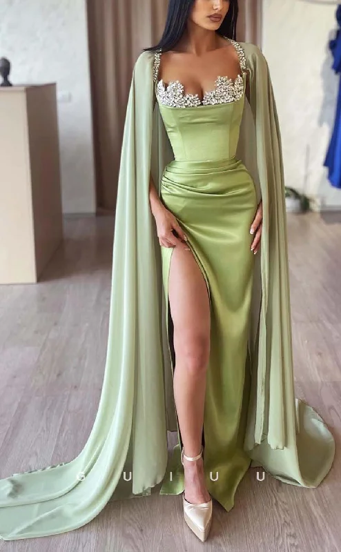 G3123 - Classic & Timeless Strapless Beaded Pleats Green Formal Prom Dresses With Shawl