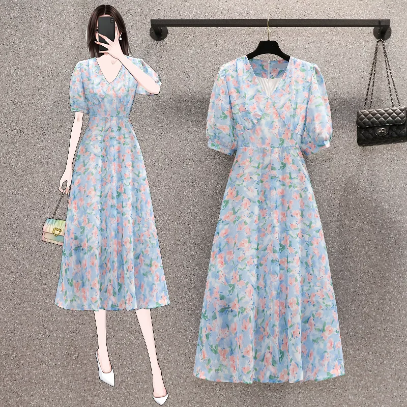 Plus Size Vintage Floral Light Blue Midi Dress