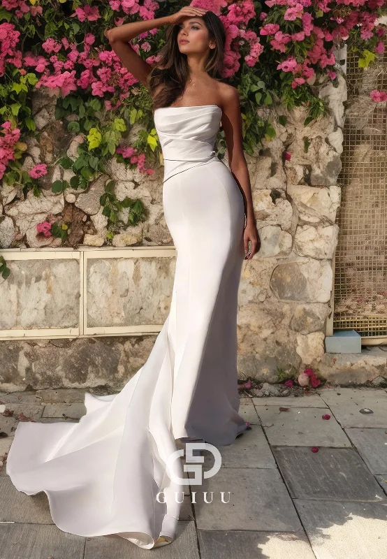 GW669 - Simple & Casual Sheath Strapless Draped Floor-Length Wedding Dress with Sweep Train