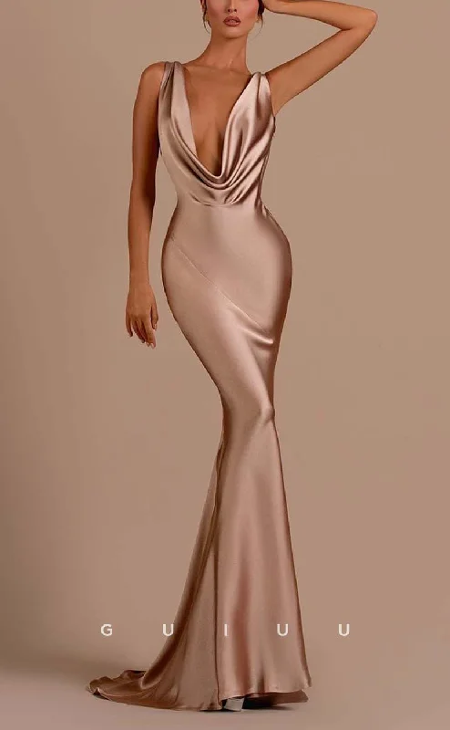 G3203 - Simple Sexy & Fitted Satin V-Neck Open Back Long Formal Prom Dresses