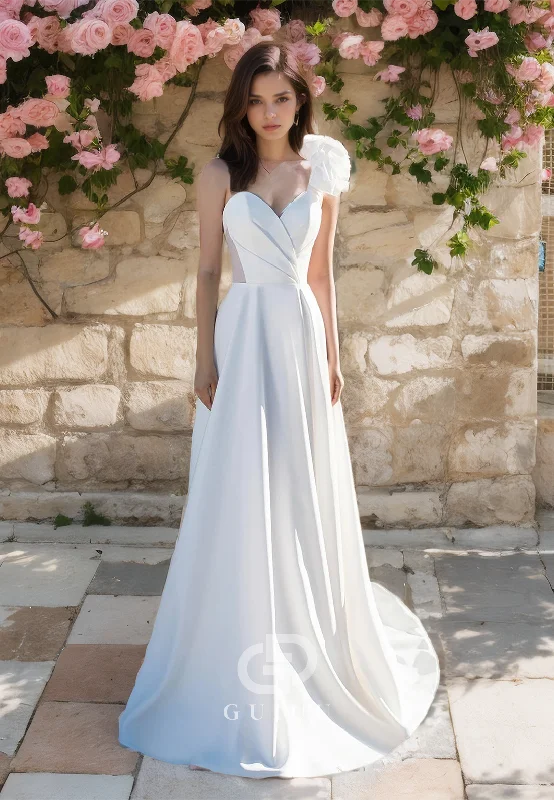 GW631 - Chic & Modern A-line One Shoulder V-neck Draped Boho Wedding Dress