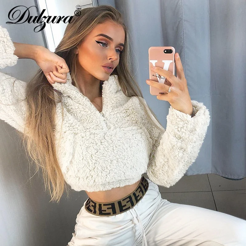 Dulzura 2019 autumn winter women sweatshirt coat pullover lambswool teddy crop top streetwear casual Korean clothes high neck