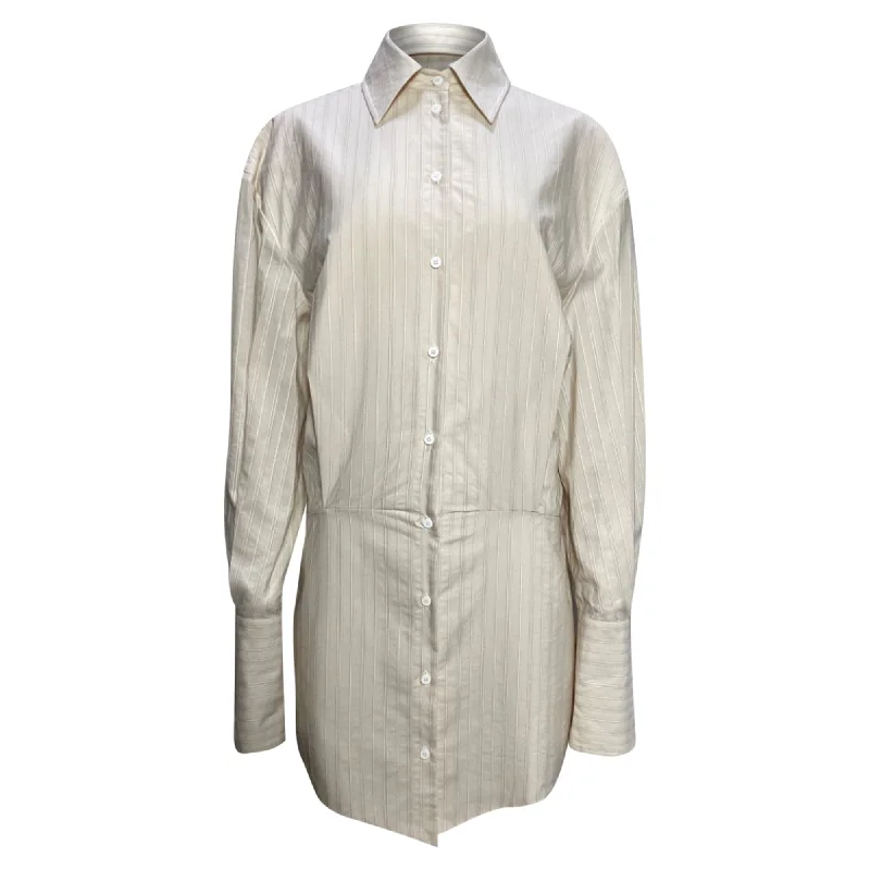 The Attico Striped Mini Button-Down Shirt Dress in Cream Cotton