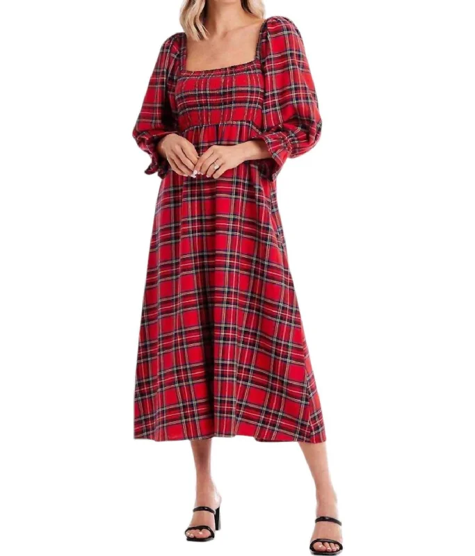 Plaid Midi Dress In Red