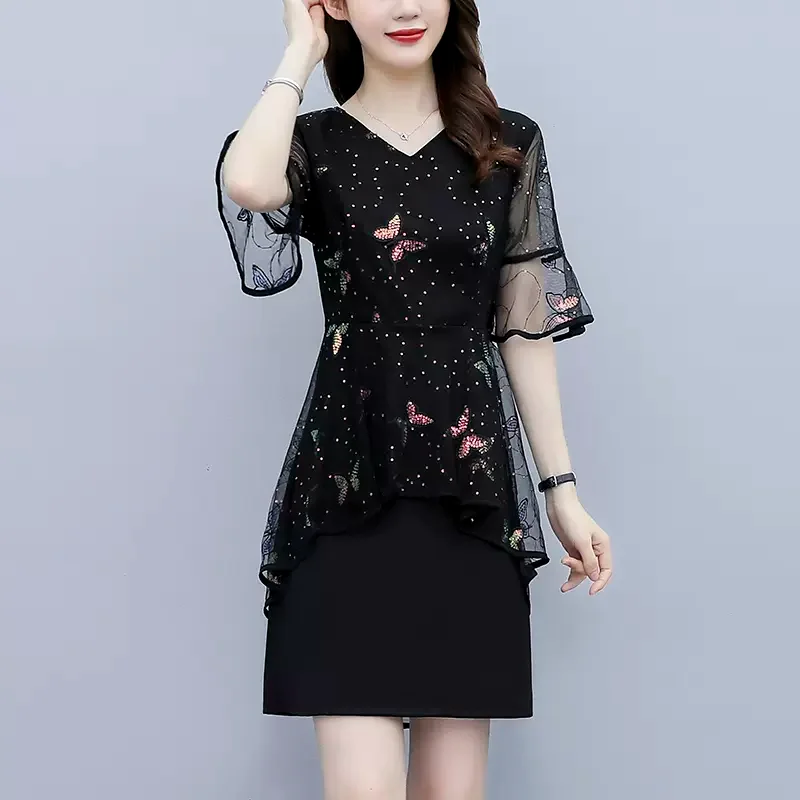 (M-5XL) Plus Size Butterfly Peplum Short Sleeve Dress