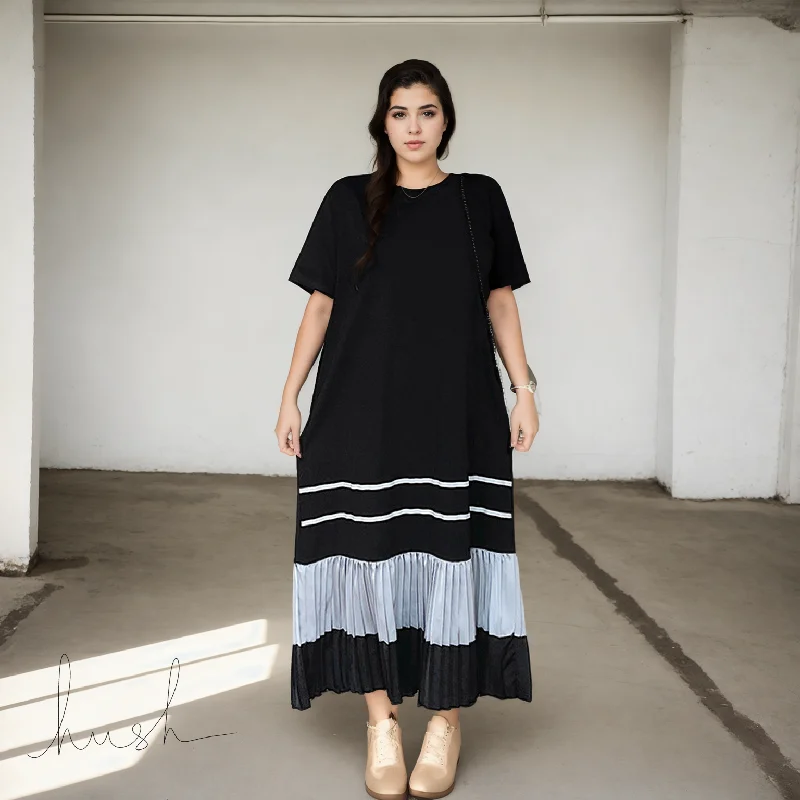 Plus Size Korean Grey Pleat Midi Tee Dress