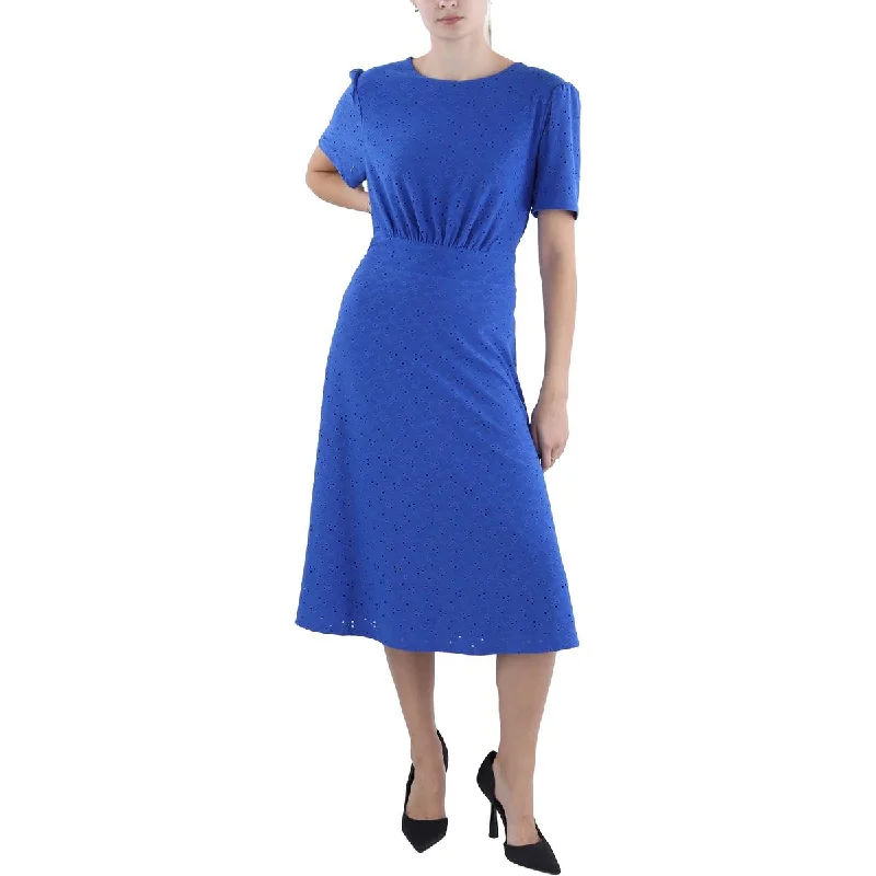 Womens Below Knee Eyelet Midi Dress