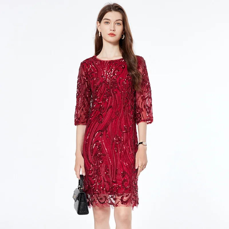 Plus Size Red Sequin Lace 3/4 Sleeve Formal Dress