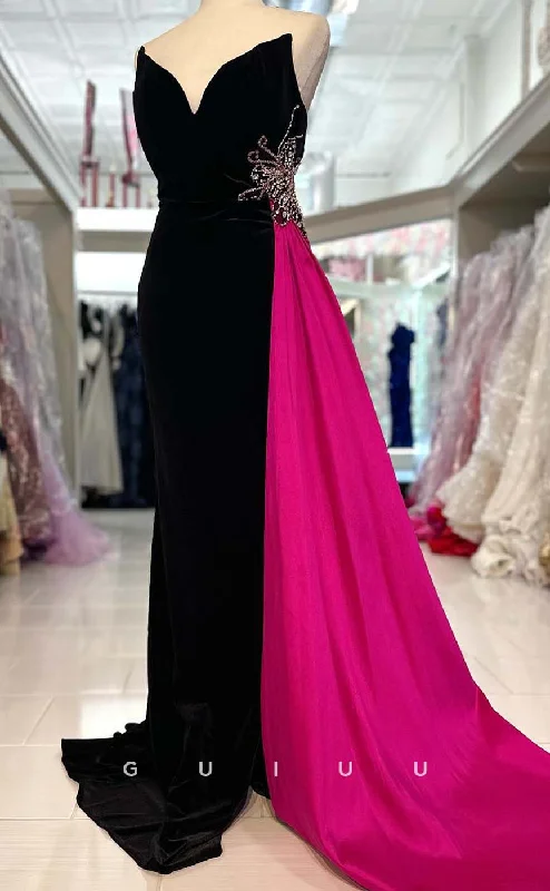 G3322 - V-Neck Strapless Beaded Train Long Party Prom Evening Dresses