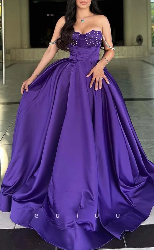 G3297 - Chic & Modern A-Line Beaded Off-Shoulder Purple Party Prom Evening Dresses