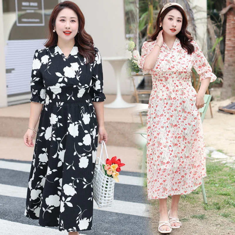 (4XL-8XL) Plus Size Vintage Wrap Floral Short Sleeve Midi Dress (EXTRA BIG SIZE)