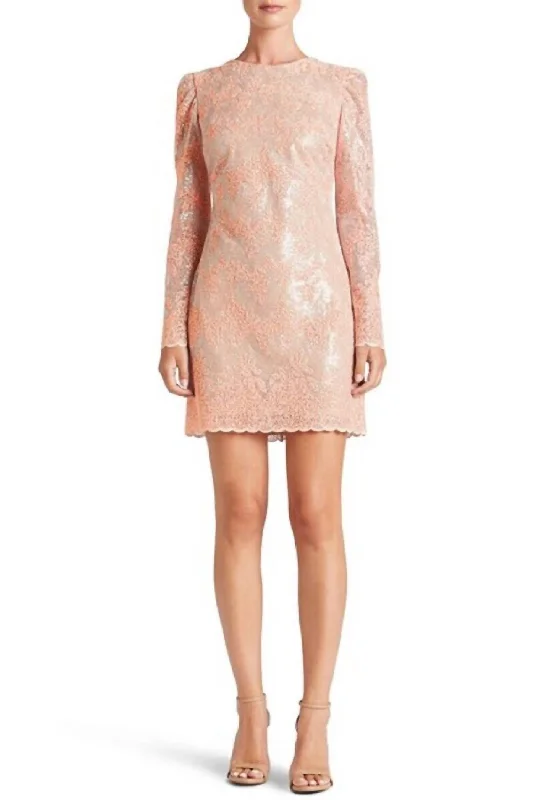 Long Sleeve Coral Sequin Lace Mini Cocktail Dress In Pink