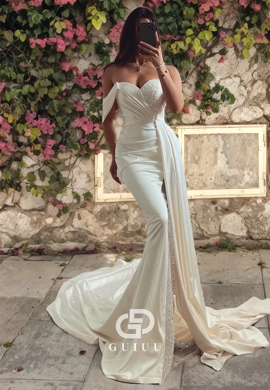 GW829 -  Unique Off-Shoulder Beaded Ruched Stain Beach Wedding Dress