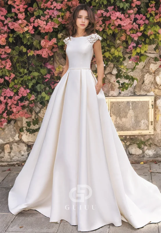 A-Line High Neck Cap Sleeves Appliques Long Satin Wedding Dress with Train