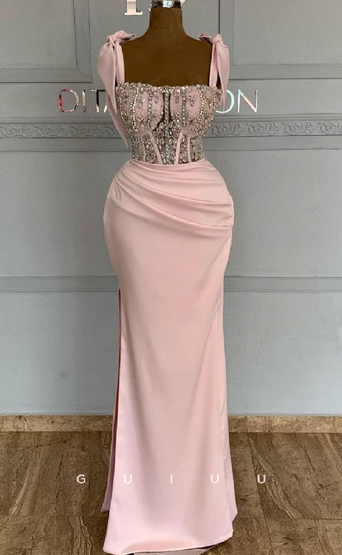 G3003 - Chic & Modern Square Beaded Pleats Pink Long Formal Prom Dress With Bow