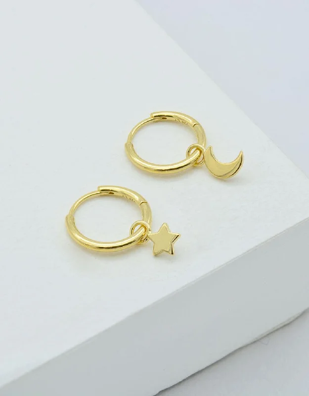 Star & Moon Huggie Hoop Earrings - Gold Plated