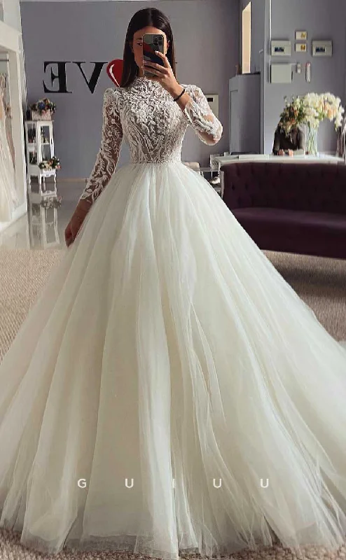 GW805 -  A-Line High Neck Long Sleeves Court Train Lace Wedding Dress